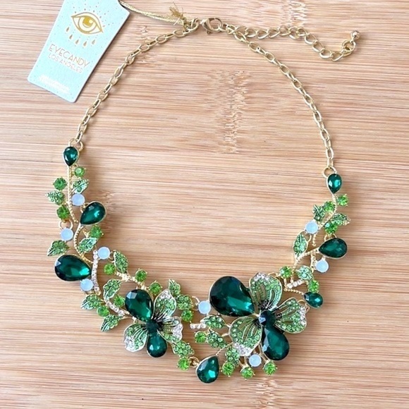 Brand New Eye Candy 14k Gold Plated w/ Glass Crystal Green Statement Necklace - Picture 13 of 13